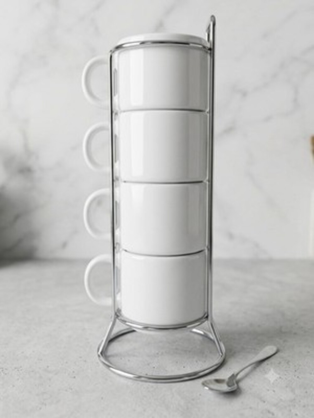 Set of 4 White Ceramic Stackable Espresso Cups Mugs with Metal Wire Rack